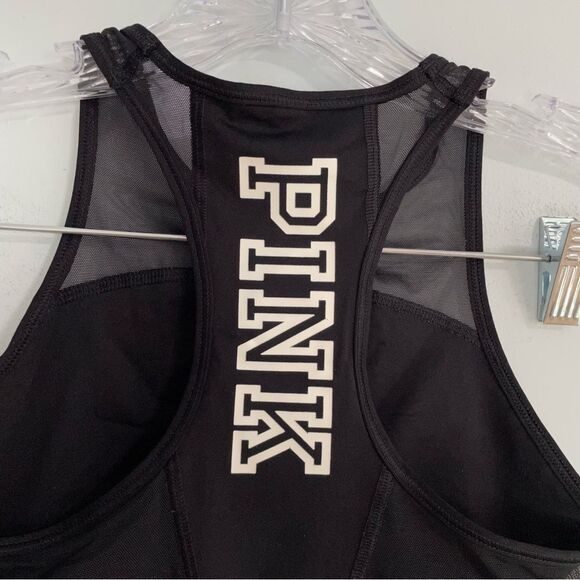 PINK Victoria’s Secret Haut Court Crop Racerback Mesh Logo Sports Bra Black XS - Picture 11 of 13